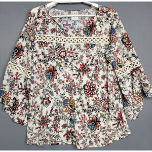 Naif Blouse Womens Medium Multicolor Floral Bell Sleeve Eyelet Boho Top Shirt